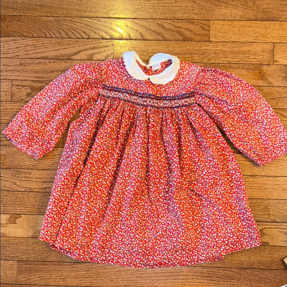 VTG The Smockery Girls Red Floral Long Sleeve Dress 4T Smocked Cottage Spring